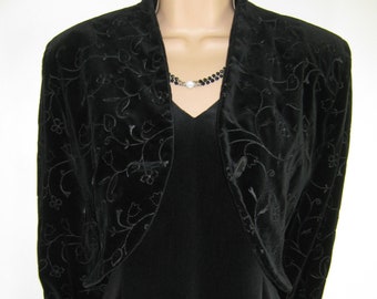 LAURA ASHLEY Vintage Black Velvet Floral Garland Embroidered Evening Bolero Cropped Jacket UK12