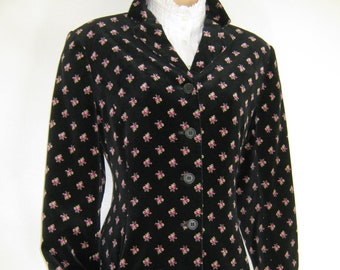 LAURA ASHLEY Vintage Festive Tailored Rosy Posy Black Velvet Long Jacket, UK12