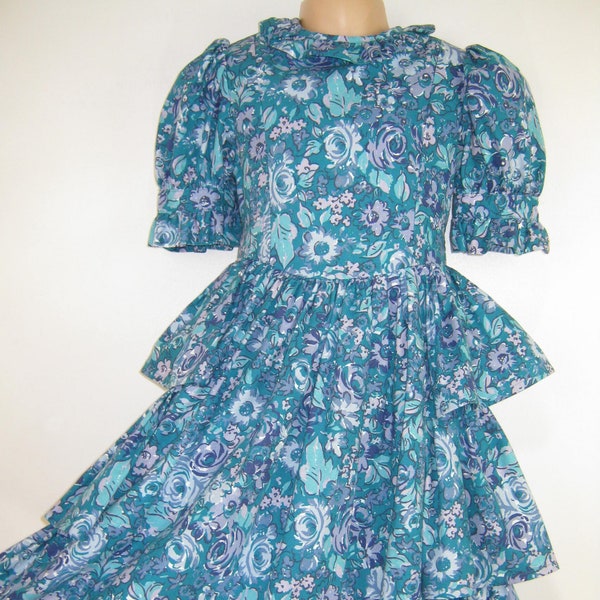 LAURA ASHLEY Vintage Mädchen 80er Jahre Smaragdgrünes Waldblumen Kleid, 5-6 Jahre/116cm