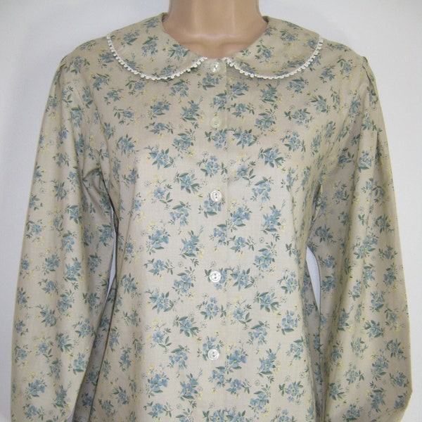 LAURA ASHLEY Vintage Oatmeal Forget-Me-Not Floral Peter Pan Collar Cotton Blouse, UK12