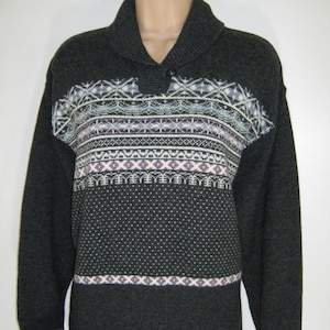 LAURA ASHLEY Vintage Dark Grey Shawl Collar 100% Wool Fair Isle Winter Sweater/Jumper, Extra Large