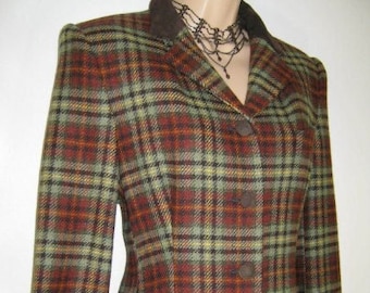 LAURA ASHLEY Vintage Classic Wool Plaid Tweed Suede Collar Jacket & Skirt 2-Piece Suit, UK10/12