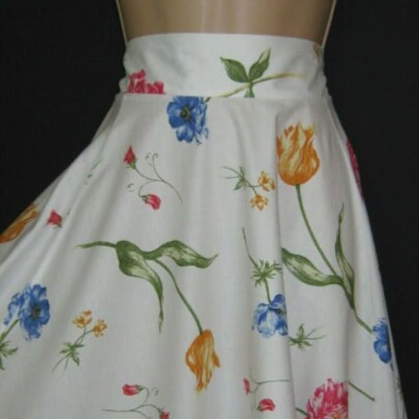 LAURA ASHLEY Vintage Tulip Carnation Full-Circle White Summer Skirt, UK8/10 (Label 12)