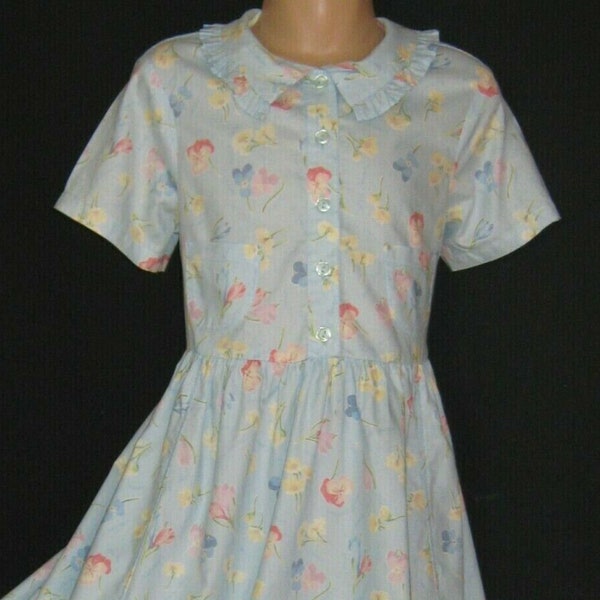LAURA ASHLEY Vintage "Mother&Child" Label Sky Blue Spring Flowers Frilled Cotton Dress, 7 Years