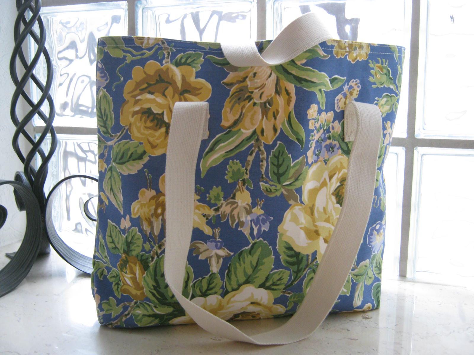 LAURA ASHLEY Vintage Mediterranean Blue Floral Canvas Shopper Tote