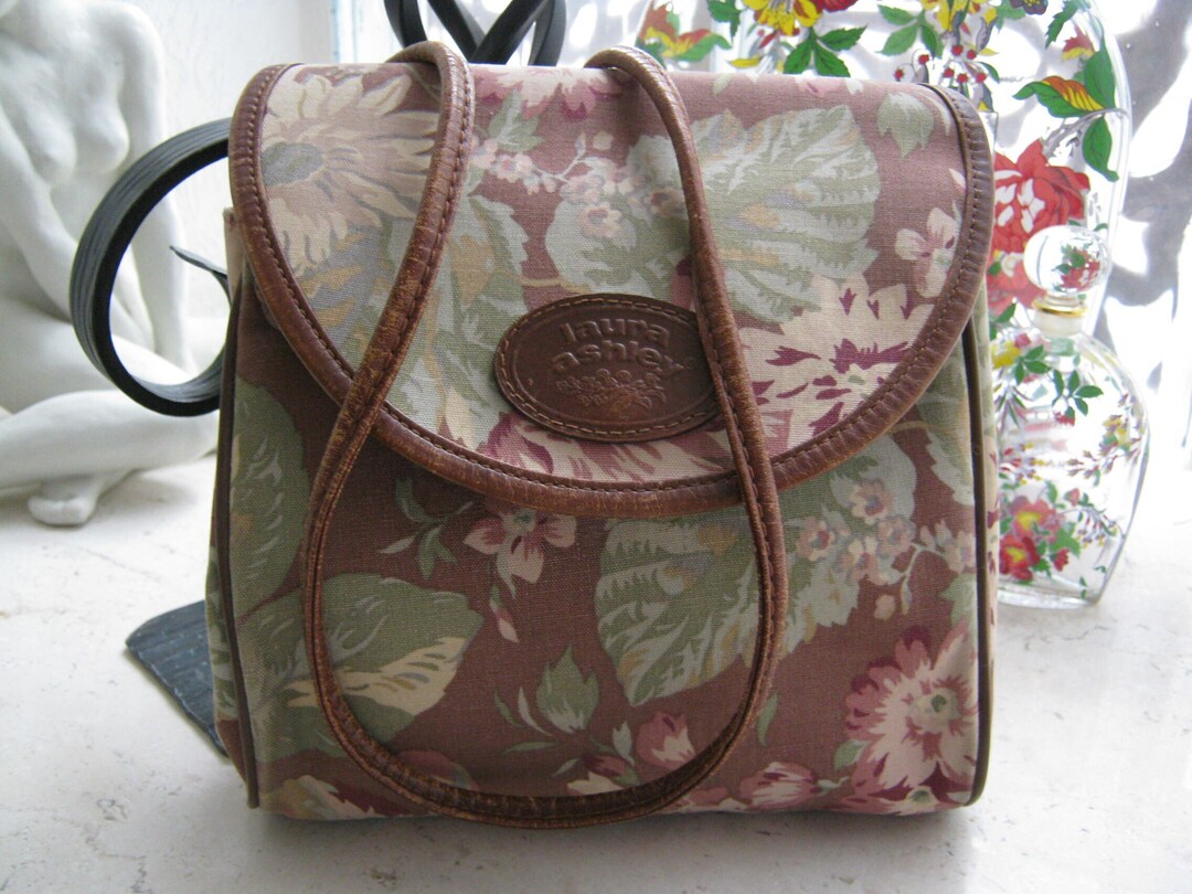 LAURA ASHLEY Vintage 80s Leafy Floral Cotton Canvas Leather Trim