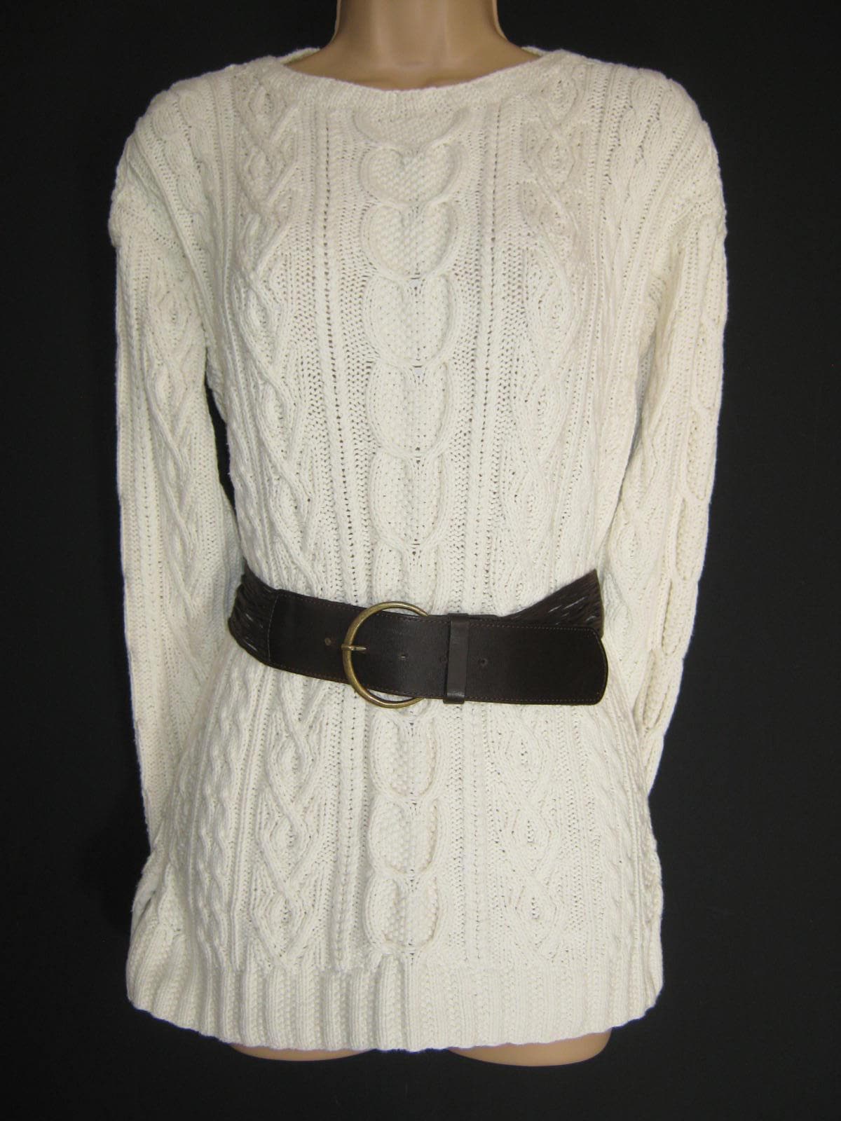 LAURA ASHLEY Vintage Chunky Cotton Cable Knit Aran Country Style Jumper / Sweater, Small - with Laura Ashley Leather Belt