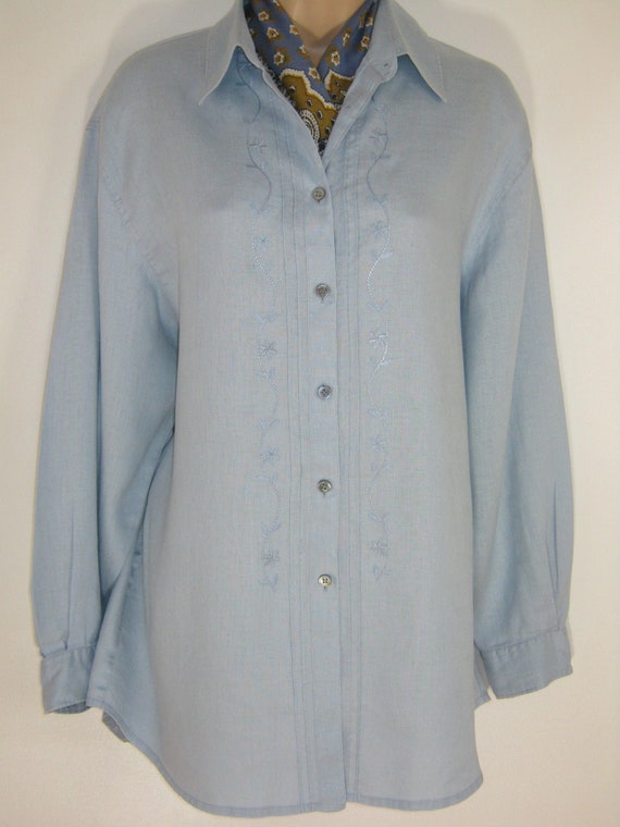 LAURA ASHLEY Vintage Slate Blue Pintuck Floral Em… - image 5