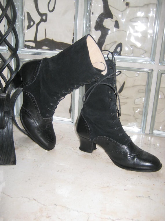 LAURA ASHLEY Vintage Victorian Style Black Leather & Suede Lace-Up Ankle Boots, EU38 (Best Fit for EU37 / UK4 / US6)