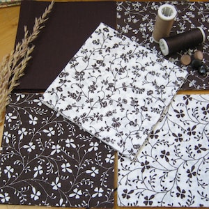 LAURA ASHLEY Vintage 70s Prints, 50 x Fabric Patchwork Pieces, Dark Brown/White, Crafts Sewing Patchwork