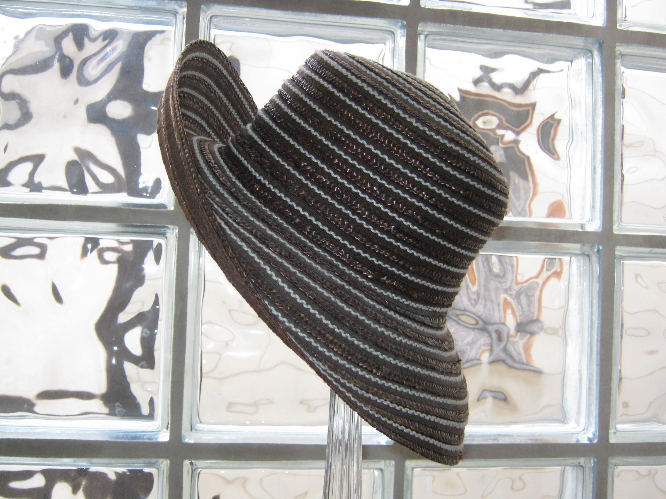 Laura Ashley Slate Blue, Purple Black Striped Straw Curled up Edge Hat Laura Ashley Straw Hats - Etsy main image 2