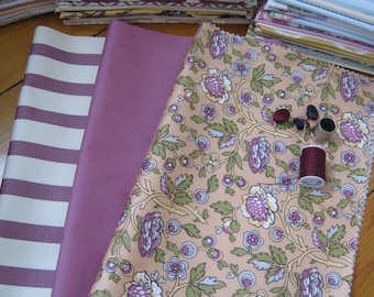 Retalhos de tecido vintage LAURA ASHLEY dos anos 70/80, quadrados de algodão, ameixa, sálvia e creme, para artesanato, costura e patchwork.