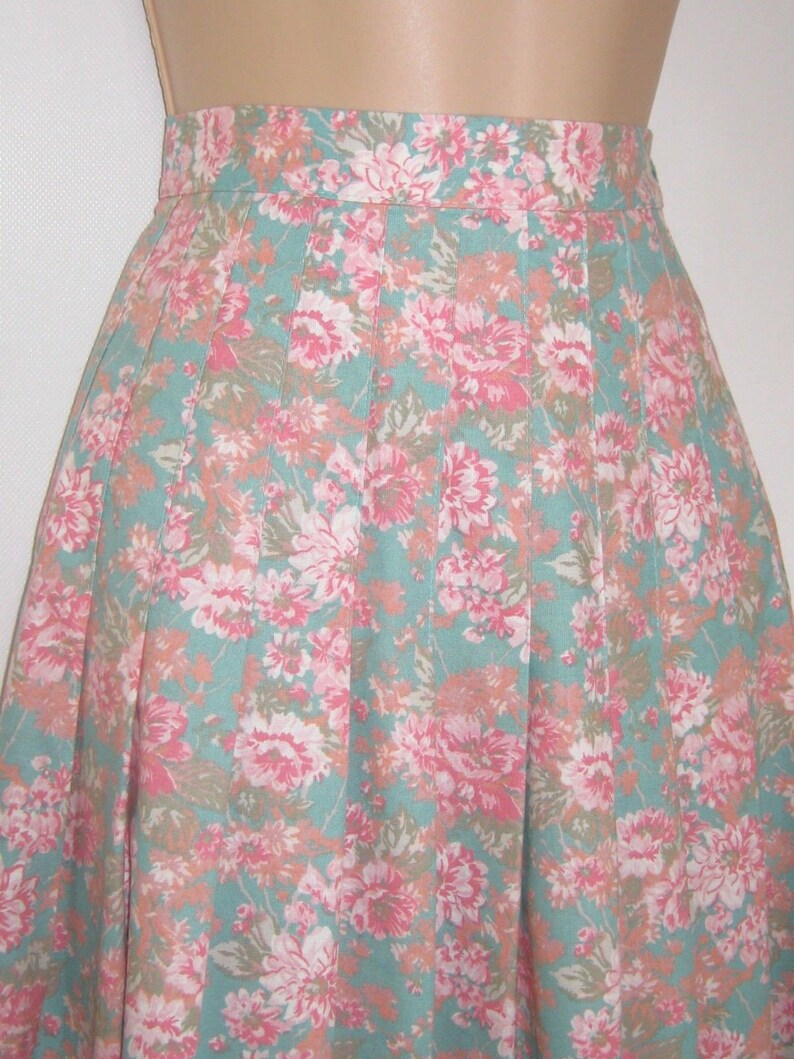 UK68 LAURA ASHLEY Vintage 80/'s Lalique Green Rose Blush Floral Cotton Pleat Skirt Label UK10