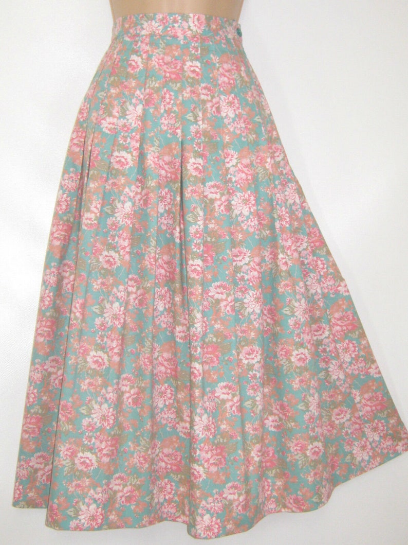 UK68 LAURA ASHLEY Vintage 80/'s Lalique Green Rose Blush Floral Cotton Pleat Skirt Label UK10