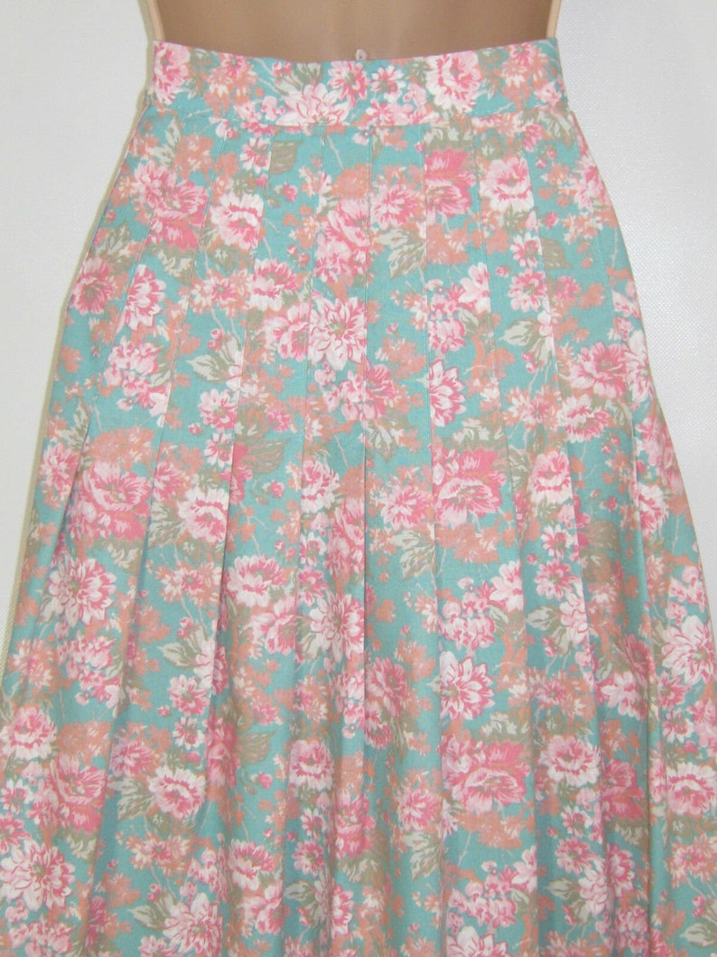 UK68 LAURA ASHLEY Vintage 80/'s Lalique Green Rose Blush Floral Cotton Pleat Skirt Label UK10