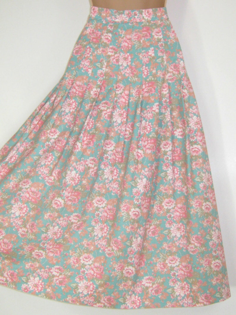 UK68 LAURA ASHLEY Vintage 80/'s Lalique Green Rose Blush Floral Cotton Pleat Skirt Label UK10