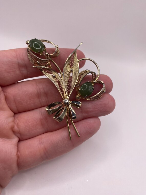 Vintage Sorento sterling gold vermeil filigree jade brooch