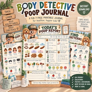 Könnte beinhalten: Ein 7-seitiges, ausdruckbares Body Detective Poop Journal mit Abschnitten wie Today's Poop Report und Find Patterns. Die Seiten enthalten Illustrationen eines Kindes mit einer Lupe, eines Welpen und verschiedene Symbole zur Verfolgung täglicher Gewohnheiten, Ernährung und Toilettenerfahrungen.