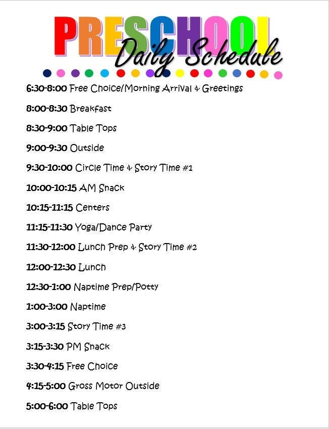 Pre K Daily Schedule Template