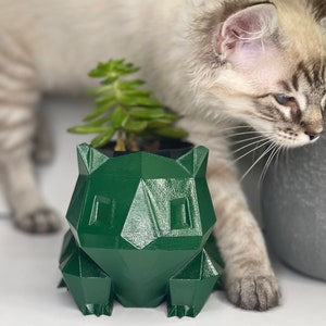 Peut inclure: Un pot de fleurs vert en forme de créature de dessin animé géométrique. Une petite plante succulente pousse dans le pot. Un chat blanc renifle le pot.