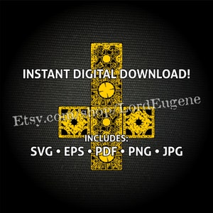 May include: A yellow and black graphic design featuring a cross-shaped puzzle box pattern with intricate geometric details. Text includes INSTANT DIGITAL DOWNLOAD!, Etsy.com/shop/LordEugene, and INCLUDES: SVG • EPS • PDF • PNG • JPG.
