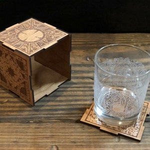 Hellraiser Cube Puzzle Box Handmade Laser Engraved 6 Piece Wooden Coaster Set Prop Replica Lament Configuration