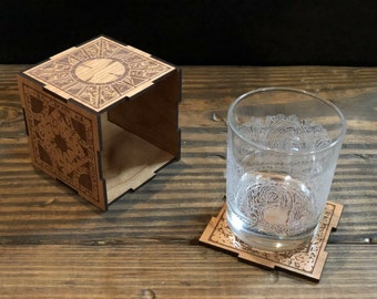Hellraiser Cube Puzzle Box Handmade Laser Engraved 6 Piece Wooden Coaster Set Prop Replica Lament Configuration