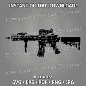 May include: Black silhouette of a rifle with various attachments, including a scope and a vertical grip. The image includes the text "INSTANT DIGITAL DOWNLOAD!" and "INCLUDES: SVG • EPS • PDF • PNG • JPG". The Etsy shop URL is also visible.