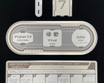 Sabacc Aluminum Player Mat, Rules, & Acrylic Number Set from CSL Galactic Starcruiser Halcyon's Sublight Lounge Casino Game Night Star Wars