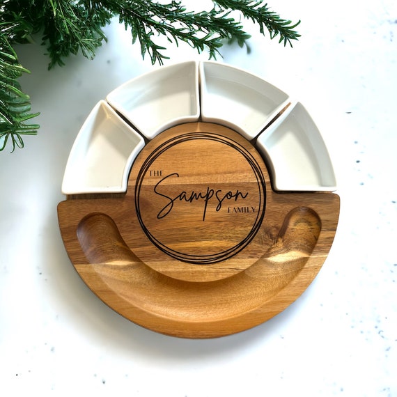 Engraved 14” Circular Serving Tray w/Condiment Ramekins