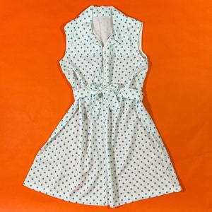 1960s Vintage Handmade Shift Dress || L || polka dot blue and white zip up sleeveless mod retro mini smock sheath tent with belt AS IS
