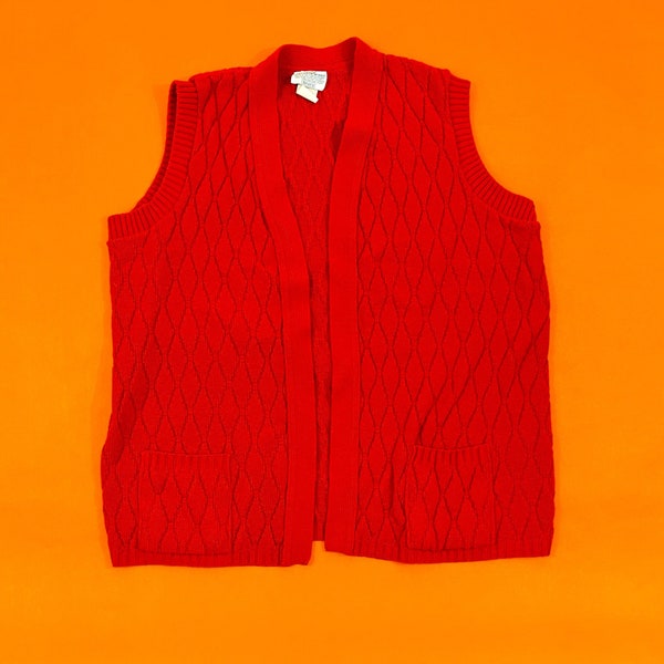 1970s Red Knit Sweater Vest || XL XXL || sears 70s vtg outerwear with pockets