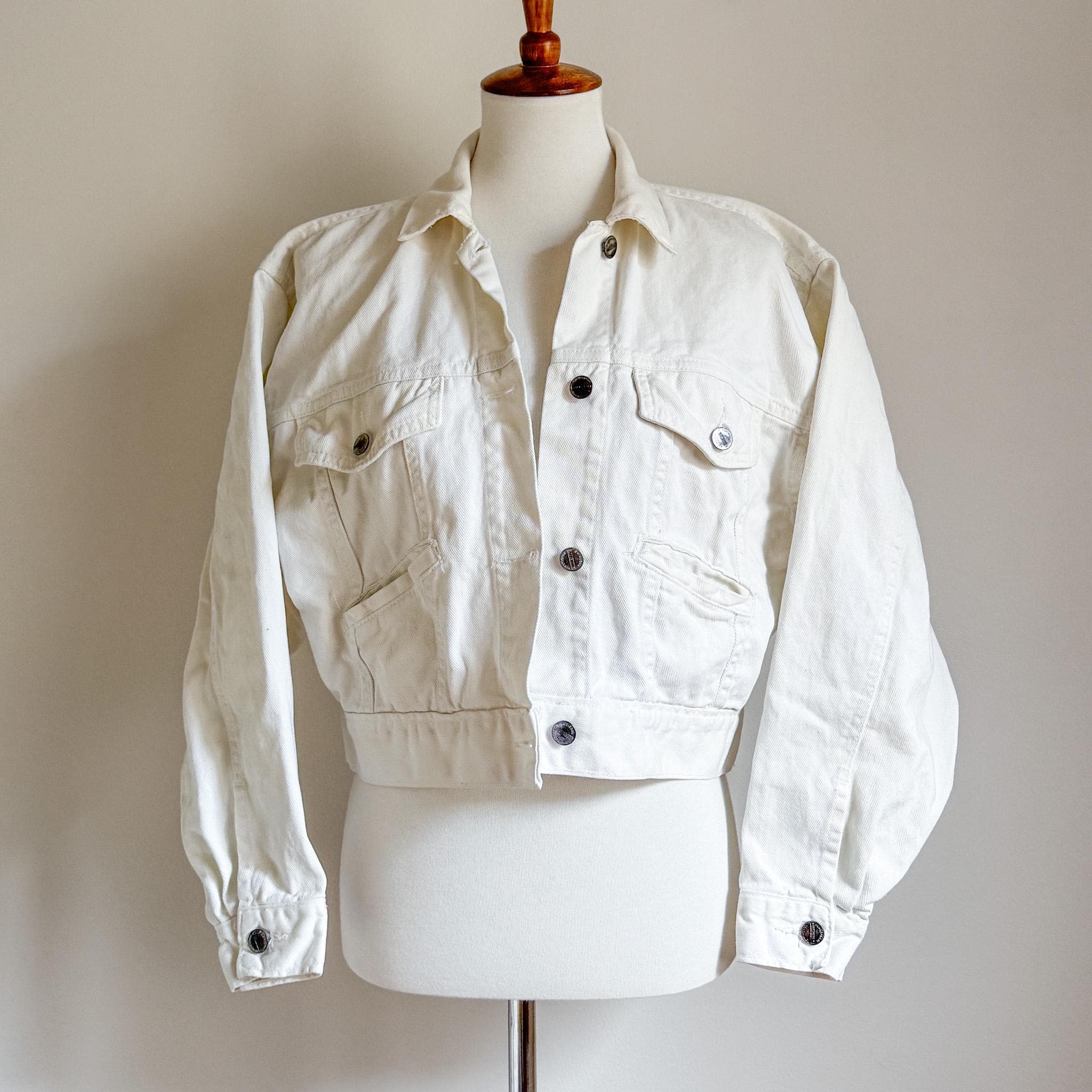 Veste En Jean Blanc Brodée Années 80 Styleworks - Taille 16 Femme - Ornée De Perles Et Strass - Noir Et Rouge