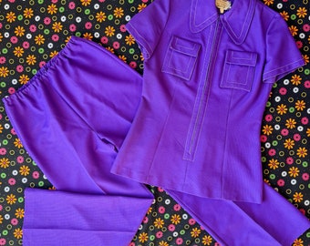 1960s Vintage Purple Two Piece Tunic & Flare Outfit || M || by Hobnobber Naturally Mod 60s space age leisure suit AS IS