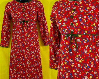 1970s Vintage Red Floral Mini Dress || XXS || long sleeve hippie boho susan petites calico vtg 70s