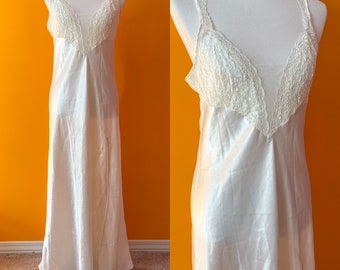 1990s Vintage Victoria's Secret Gold Label White Silky Night Gown || M / L || full length with slit tank top lace detail 90s lingerie bridal