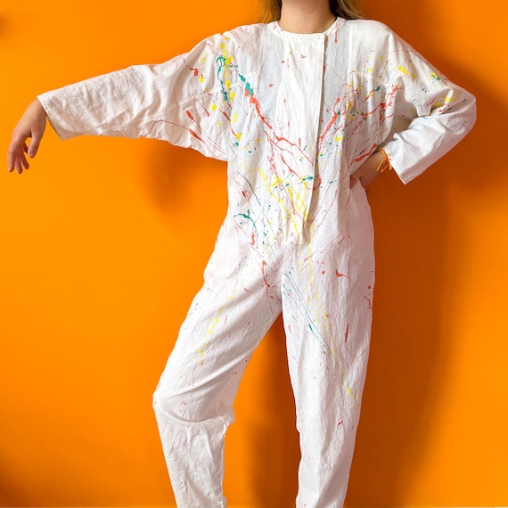 Vintage 80s Paint Splatter Jumpsuit | New Wave Cotton Coverall (S