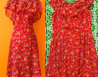 1970s Vintage Red Ruffle Floral Dress || 3X / 4X || handmade plus size midi day dress boho hippie vtg 70s AS IS