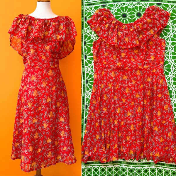 1970s Vintage Red Ruffle Floral Dress || 3X / 4X || handmade plus size midi day dress boho hippie vtg 70s AS IS