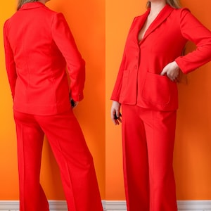 1970s Vintage Bright Red Leisure Suit || S || two piece set polyester button up blazer with straight flare pants AS IS