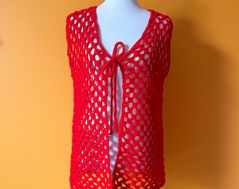 1960s Vintage Red Knit Hippie Vest || M / L || handmade crochet 60s 70s boho sweater outerwear OSFM