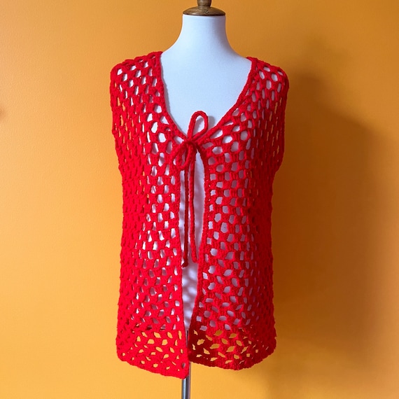 1960s Vintage Red Knit Hippie Vest || M / L || ha… - image 1