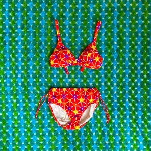 1960s 1970s Vintage Two Piece Bikini from Bali || XS || bathing swim suit mod red purple yellow floral swimwear