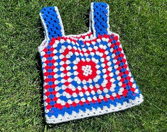1970s Handmade Vintage Crochet Top | S/M | red white blue patriotic granny square knit crop tank 70s vtg