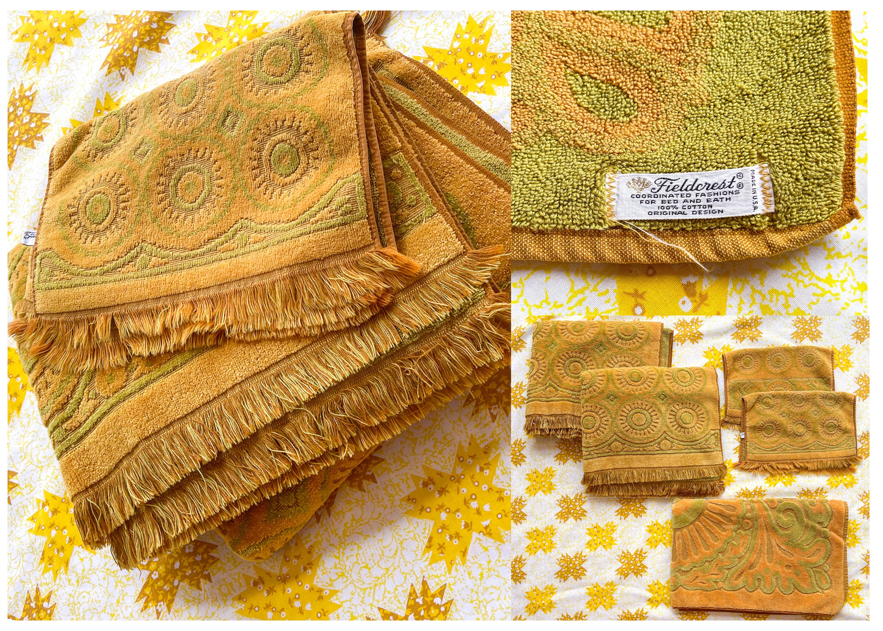 1970s Vintage Fieldcrest Towel Set Light Green & Gold Terry Cloth