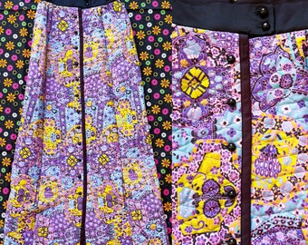 1960s Vintage Quilted Psychedelic Maxi Skirt || XS 0 || retro stained glass paisley kaleidoscope 60s 70s long hippie formal 25" AS IS