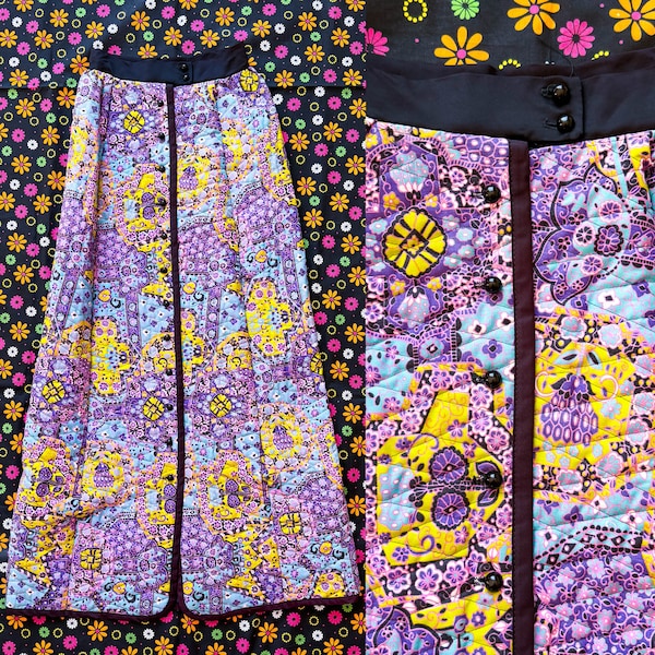1960s Vintage Quilted Psychedelic Maxi Skirt || XS 0 || retro stained glass paisley kaleidoscope 60s 70s long hippie formal 25" AS IS