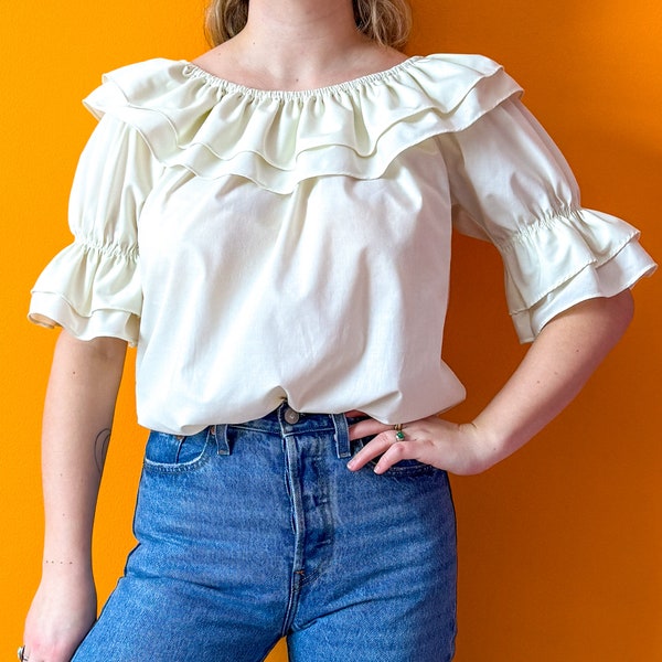 1970s Vintage Cream Ruffled Blouse || M || by Malco Modes western square dancing white elastic neckline puff sleeve hippie boho top