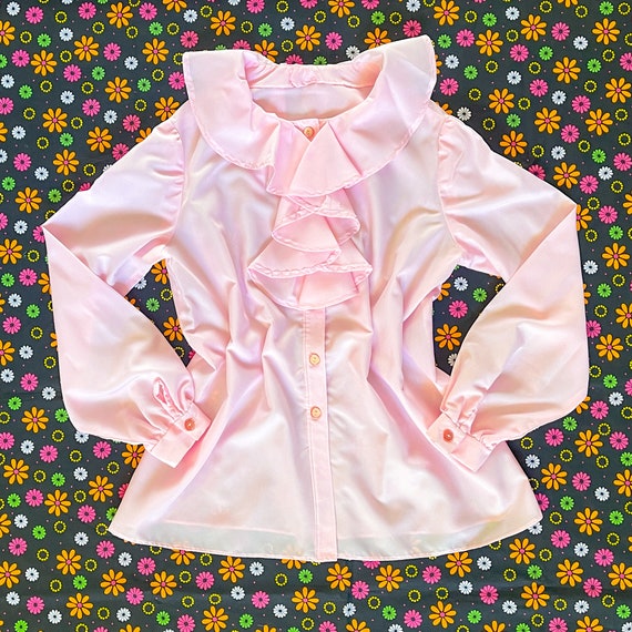 1960s Vintage Handmade Pink Frilly Blouse || XL 1… - image 3