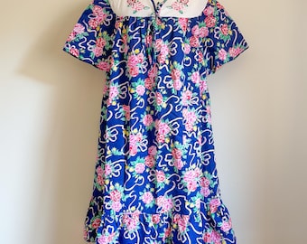 1980s 1990s Vintage Bows and Flowers Midi Nightgown || 1X || NWOT blue pink embroidered girlie ruffle dress